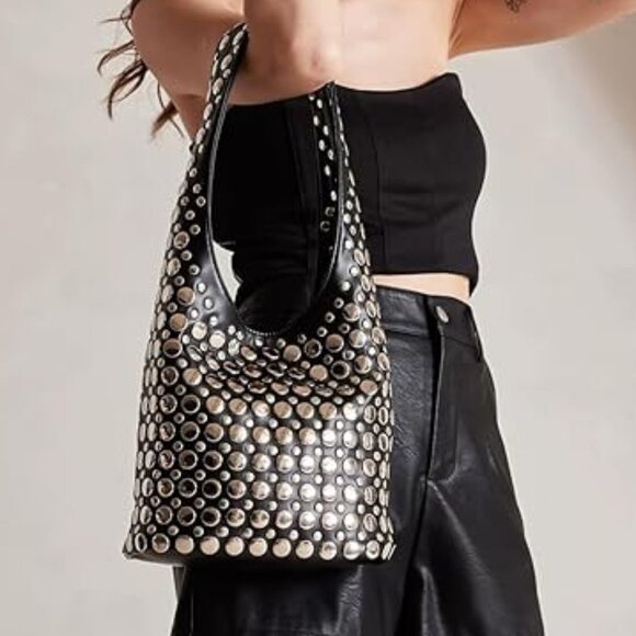 Neiman Marcus Studded Y2K Rivet Hobo Bucket Purse - Picture 1 of 8